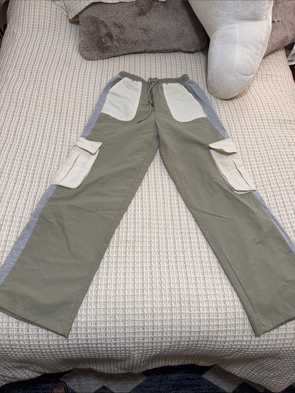 Olive Green Cargo Track Pants with Cream Accents